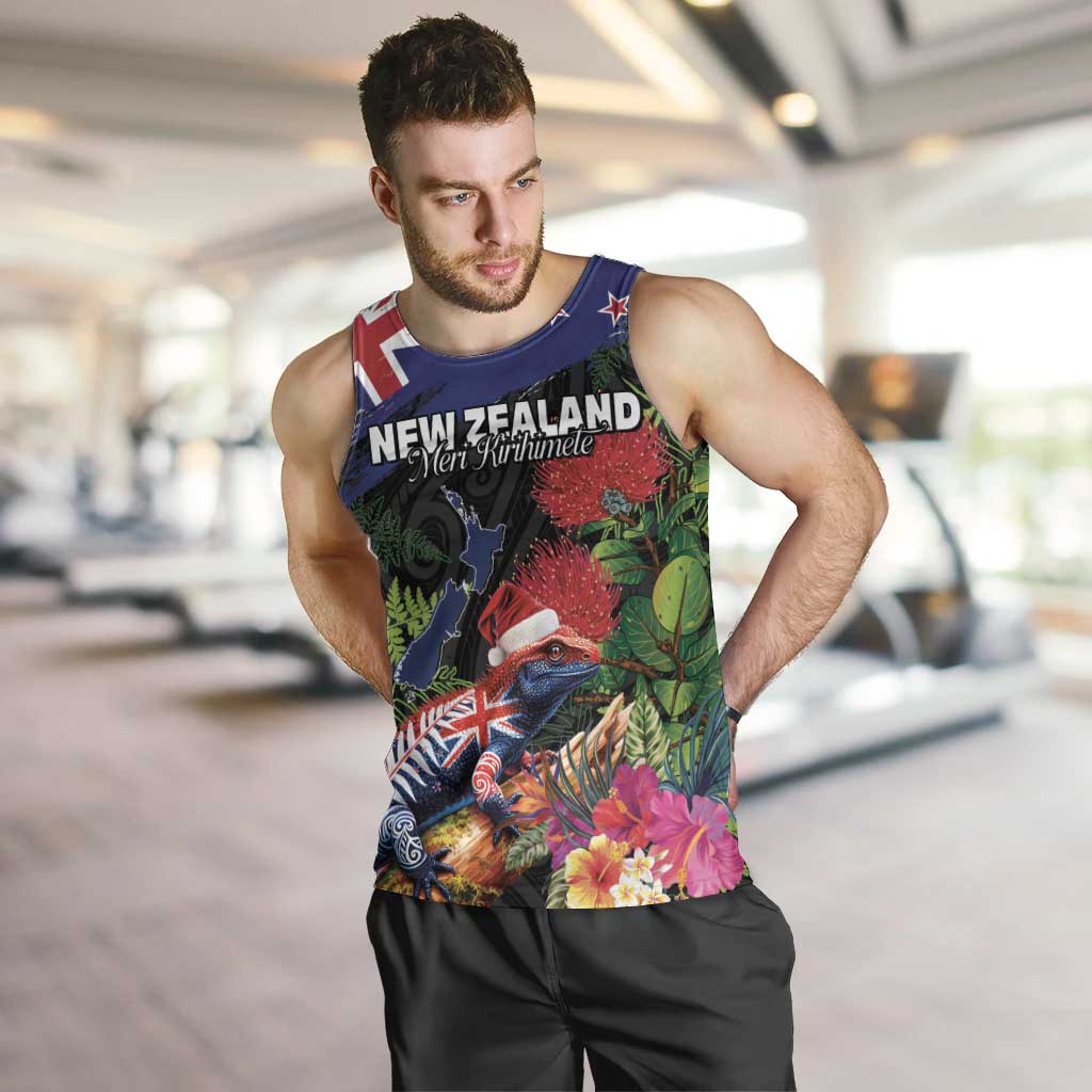 New Zealand Christmas Men Tank Top Meri Kirihimete-Tuatara and Pohutukawa Black Color