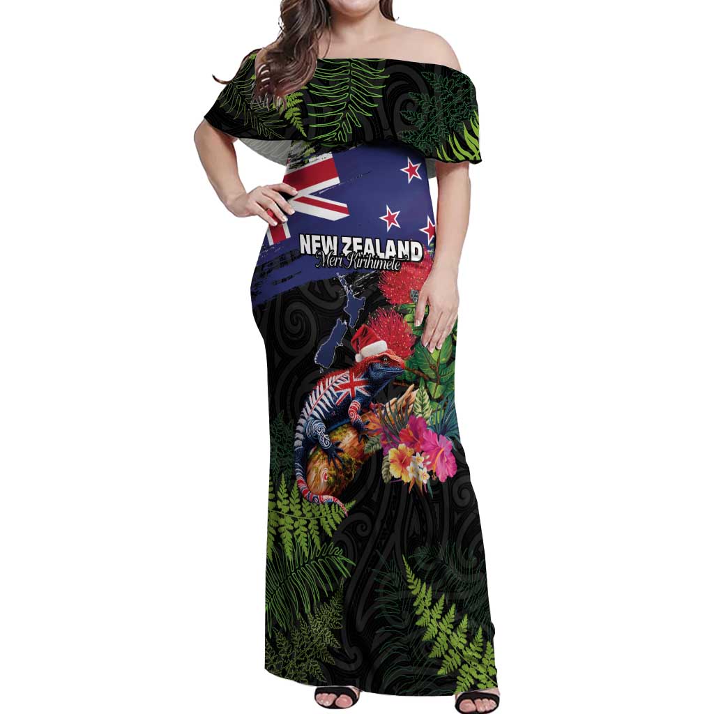 New Zealand Christmas Off Shoulder Maxi Dress Meri Kirihimete-Tuatara and Pohutukawa Black Color