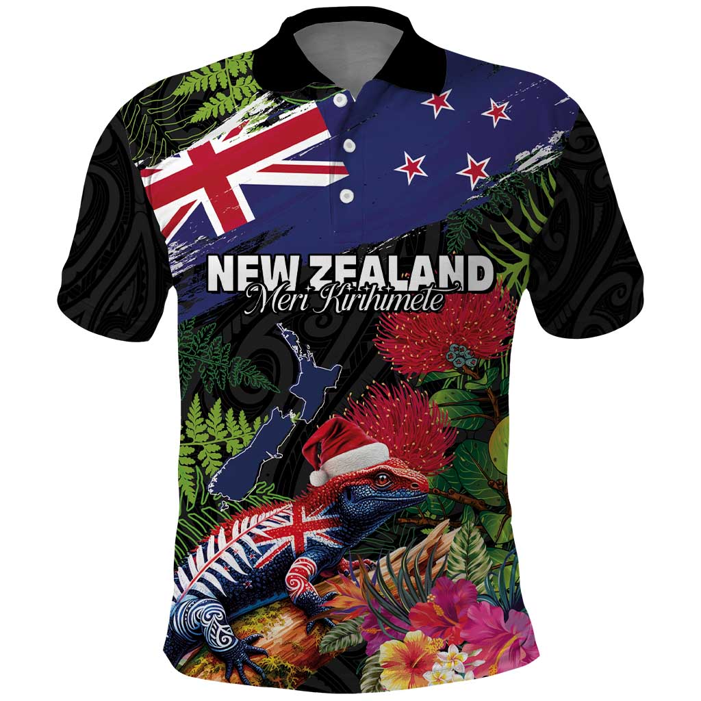 New Zealand Christmas Polo Shirt Meri Kirihimete-Tuatara and Pohutukawa Black Color