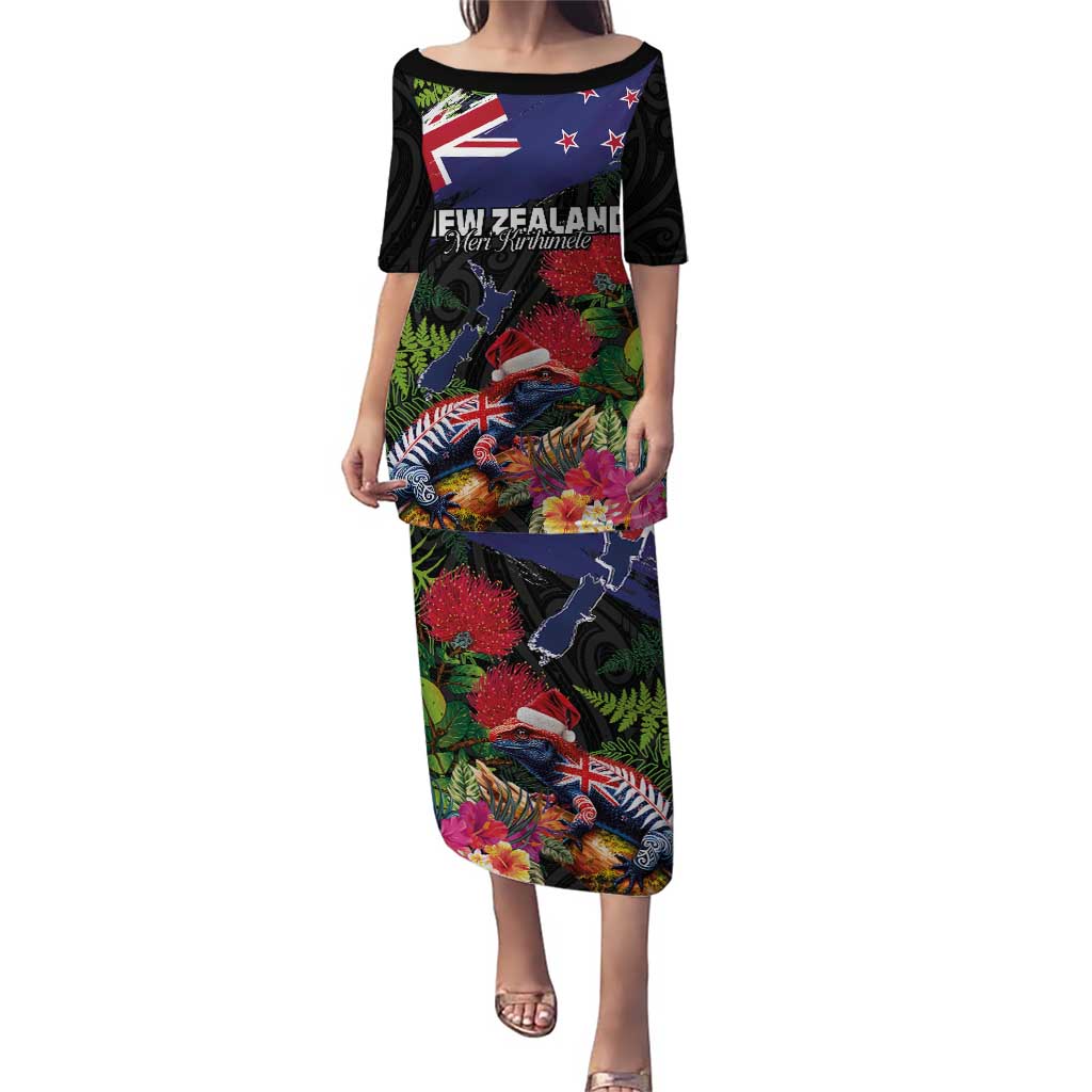 New Zealand Christmas Puletasi Meri Kirihimete-Tuatara and Pohutukawa Black Color LT03 Long Dress Black - Polynesian Pride