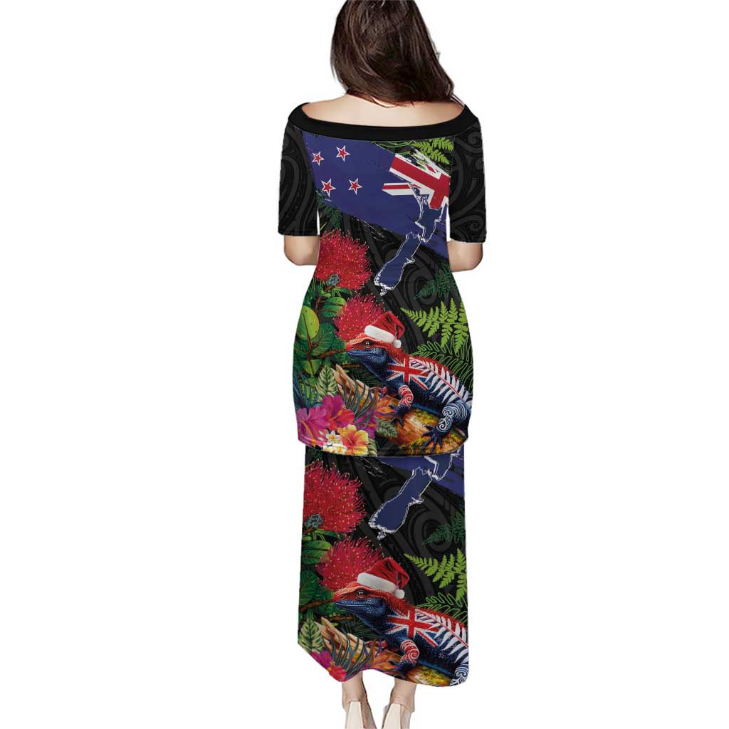 New Zealand Christmas Puletasi Meri Kirihimete-Tuatara and Pohutukawa Black Color