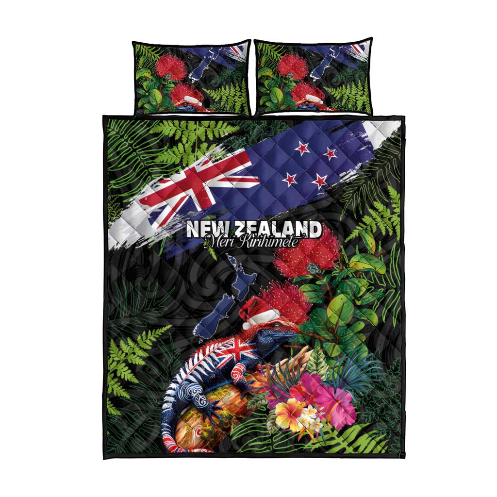 New Zealand Christmas Quilt Bed Set Meri Kirihimete-Tuatara and Pohutukawa Black Color