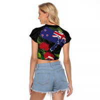 New Zealand Christmas Raglan Cropped T Shirt Meri Kirihimete-Tuatara and Pohutukawa Black Color