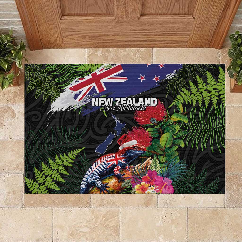 New Zealand Christmas Rubber Doormat Meri Kirihimete-Tuatara and Pohutukawa Black Color LT03 Black - Polynesian Pride