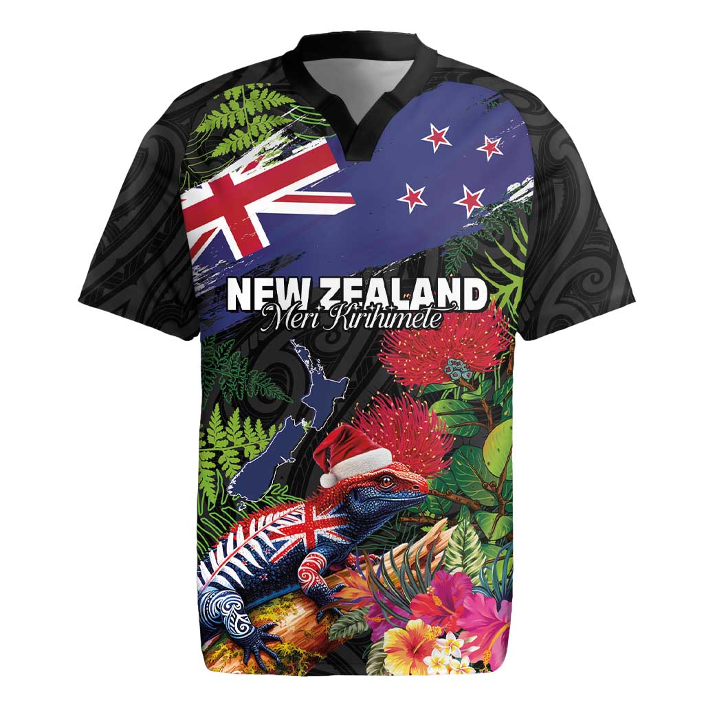 New Zealand Christmas Rugby Jersey Meri Kirihimete-Tuatara and Pohutukawa Black Color