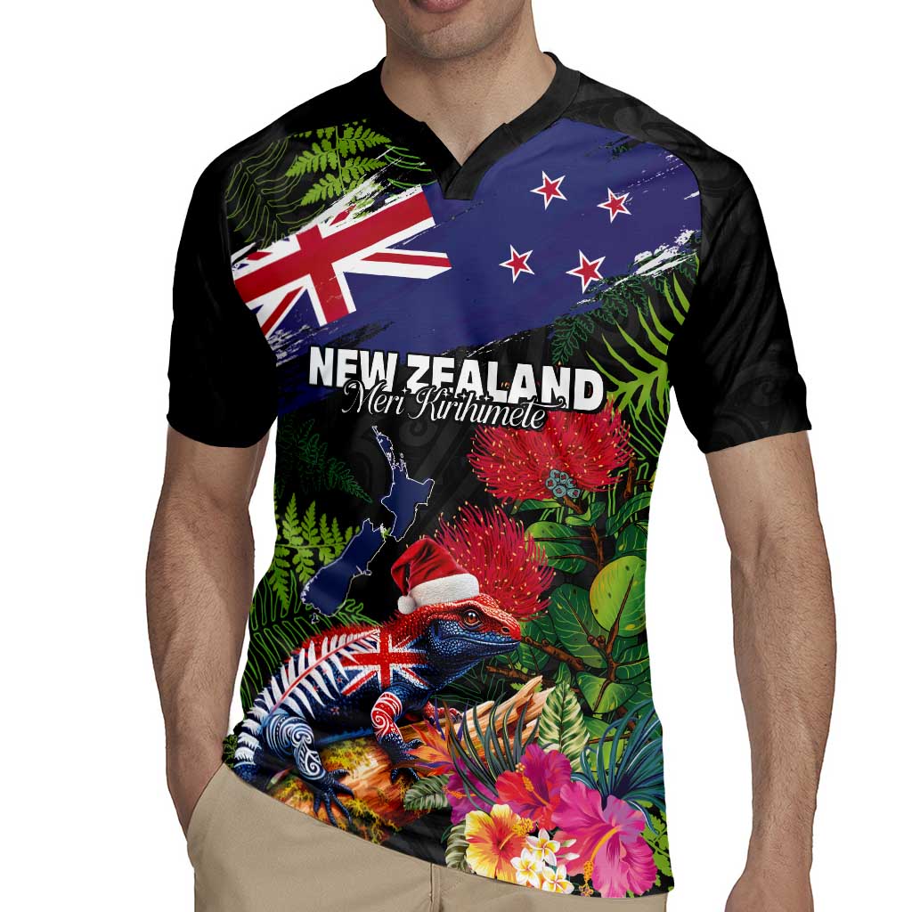 New Zealand Christmas Rugby Jersey Meri Kirihimete-Tuatara and Pohutukawa Black Color