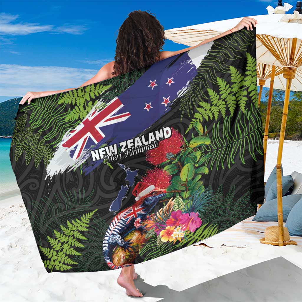 New Zealand Christmas Sarong Meri Kirihimete-Tuatara and Pohutukawa Black Color