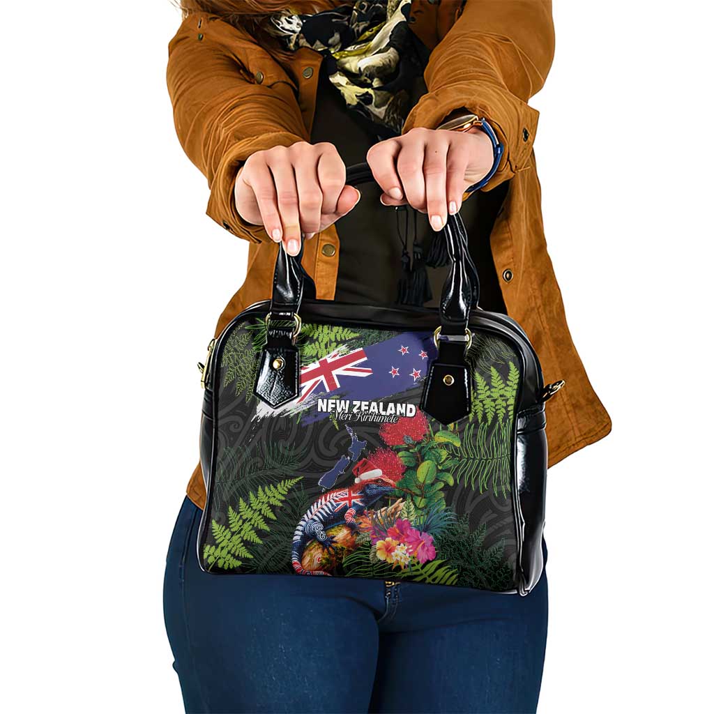 New Zealand Christmas Shoulder Handbag Meri Kirihimete-Tuatara and Pohutukawa Black Color