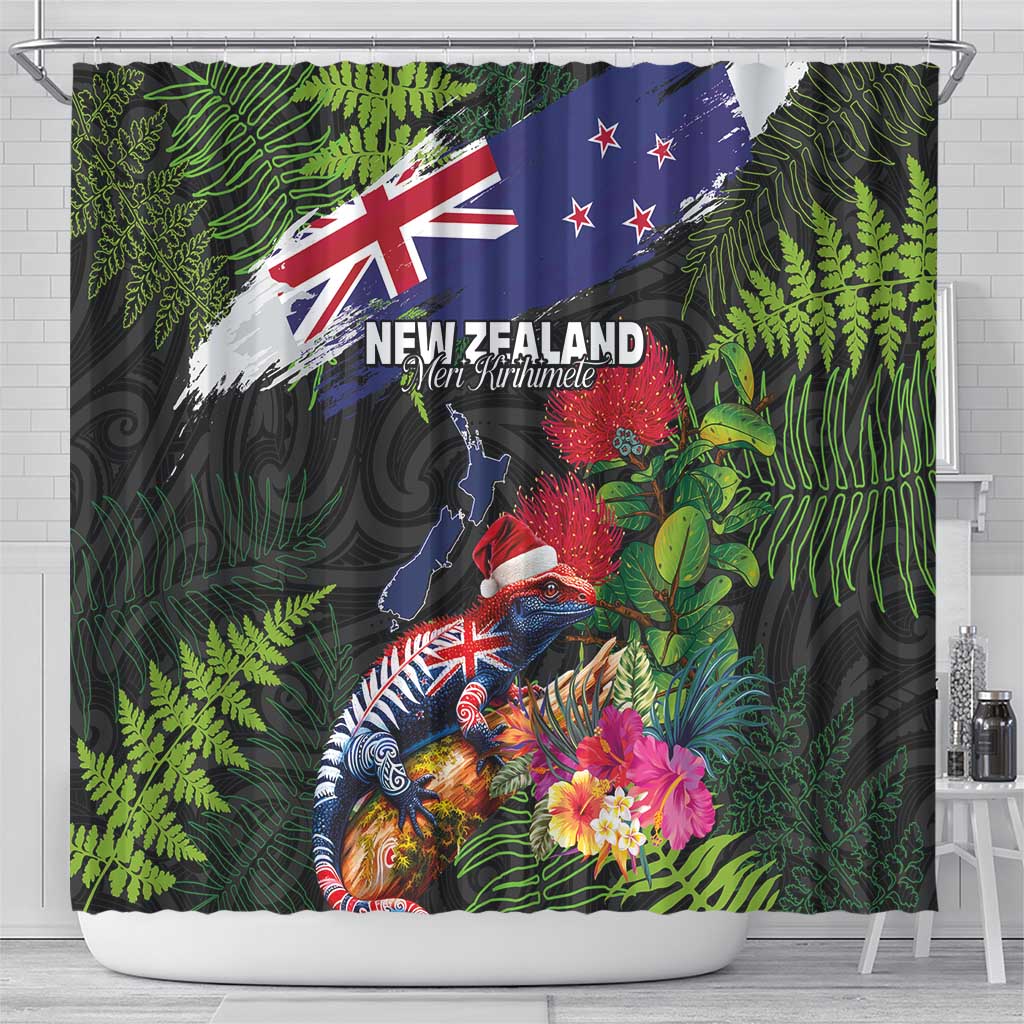 New Zealand Christmas Shower Curtain Meri Kirihimete-Tuatara and Pohutukawa Black Color