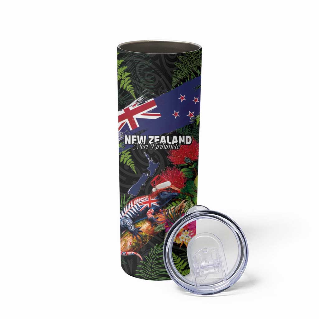 New Zealand Christmas Skinny Tumbler Meri Kirihimete-Tuatara and Pohutukawa Black Color