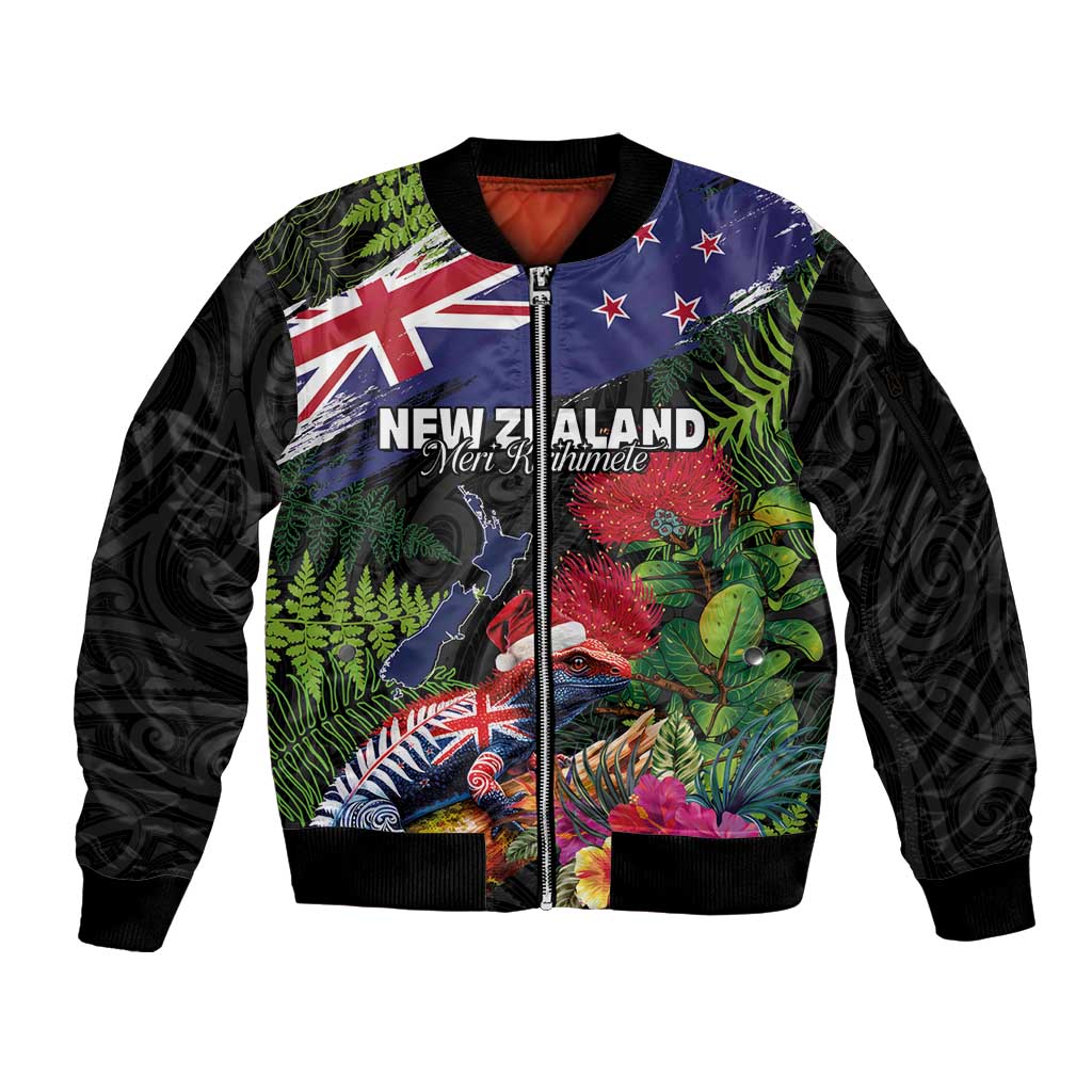 New Zealand Christmas Sleeve Zip Bomber Jacket Meri Kirihimete-Tuatara and Pohutukawa Black Color