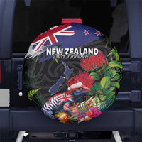 New Zealand Christmas Spare Tire Cover Meri Kirihimete-Tuatara and Pohutukawa Black Color
