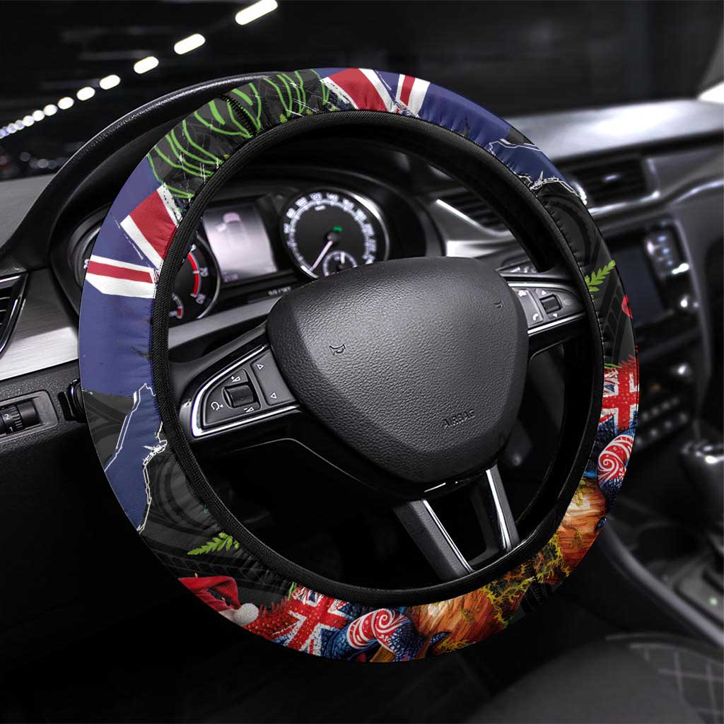 New Zealand Christmas Steering Wheel Cover Meri Kirihimete-Tuatara and Pohutukawa Black Color LT03 Universal Fit Black - Polynesian Pride
