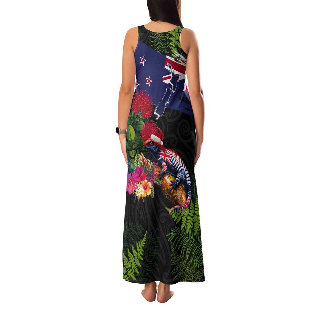 New Zealand Christmas Tank Maxi Dress Meri Kirihimete-Tuatara and Pohutukawa Black Color