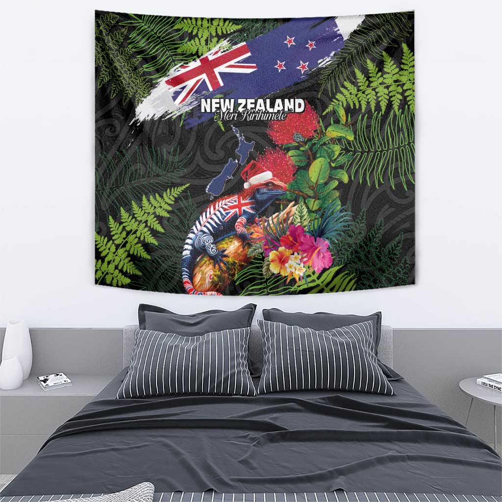 New Zealand Christmas Tapestry Meri Kirihimete-Tuatara and Pohutukawa Black Color