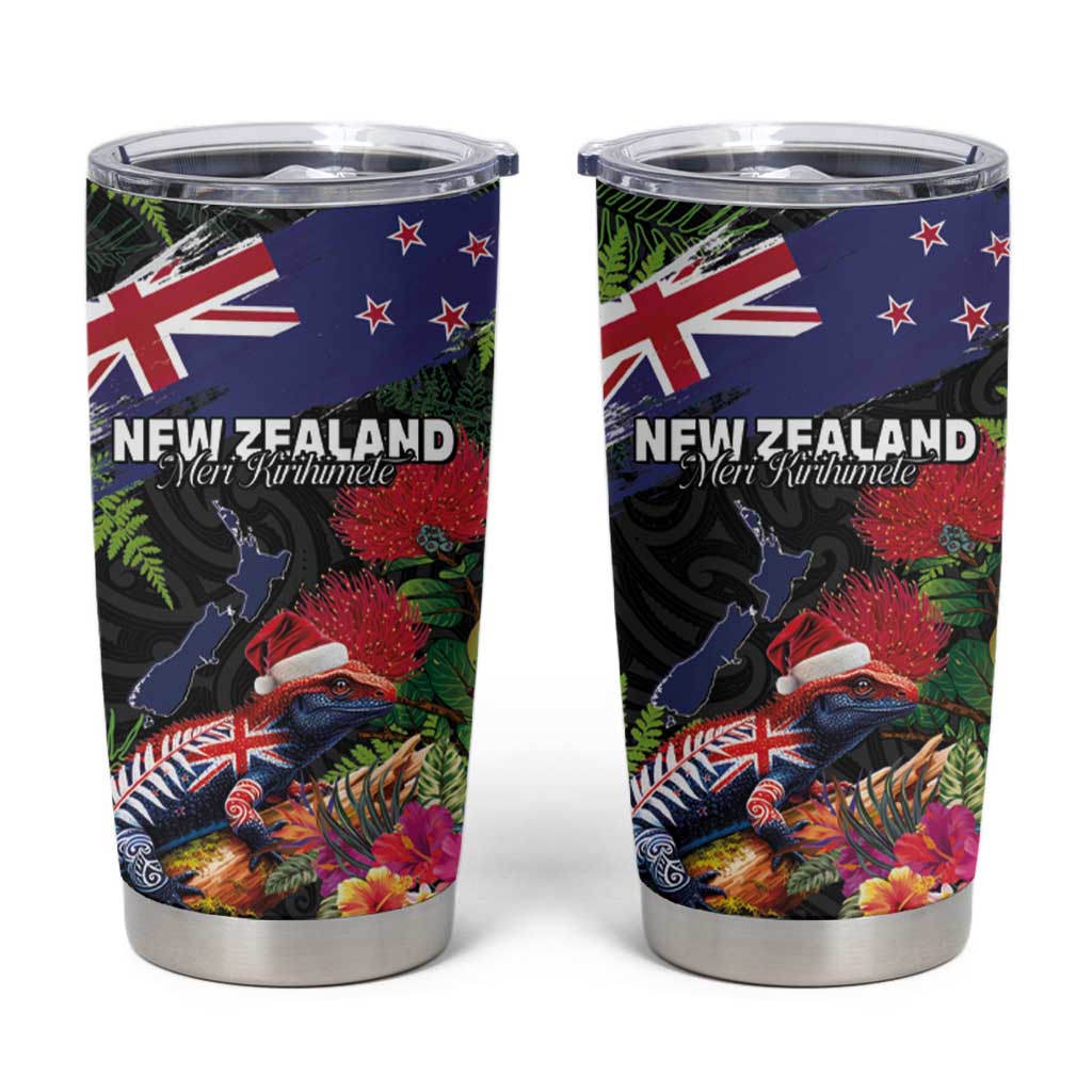 New Zealand Christmas Tumbler Cup Meri Kirihimete-Tuatara and Pohutukawa Black Color