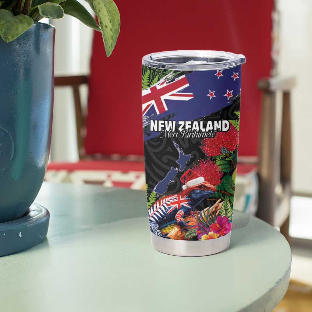 New Zealand Christmas Tumbler Cup Meri Kirihimete-Tuatara and Pohutukawa Black Color