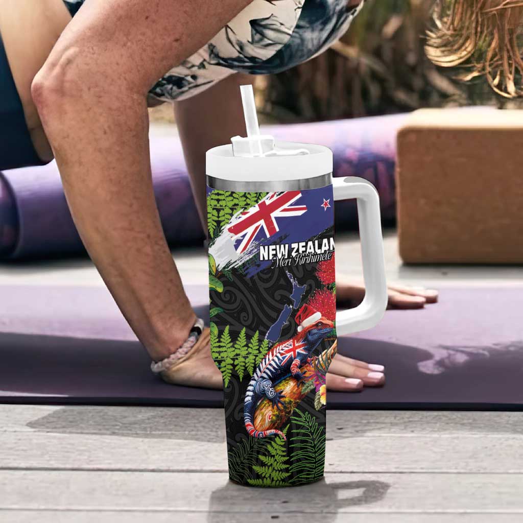 New Zealand Christmas Tumbler With Handle Meri Kirihimete-Tuatara and Pohutukawa Black Color