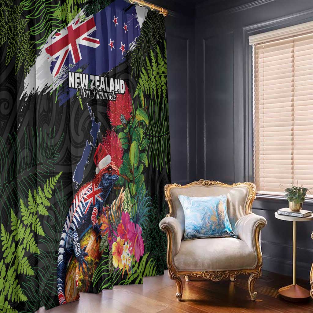 New Zealand Christmas Window Curtain Meri Kirihimete-Tuatara and Pohutukawa Black Color