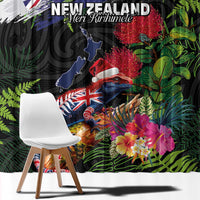 New Zealand Christmas Window Curtain Meri Kirihimete-Tuatara and Pohutukawa Black Color
