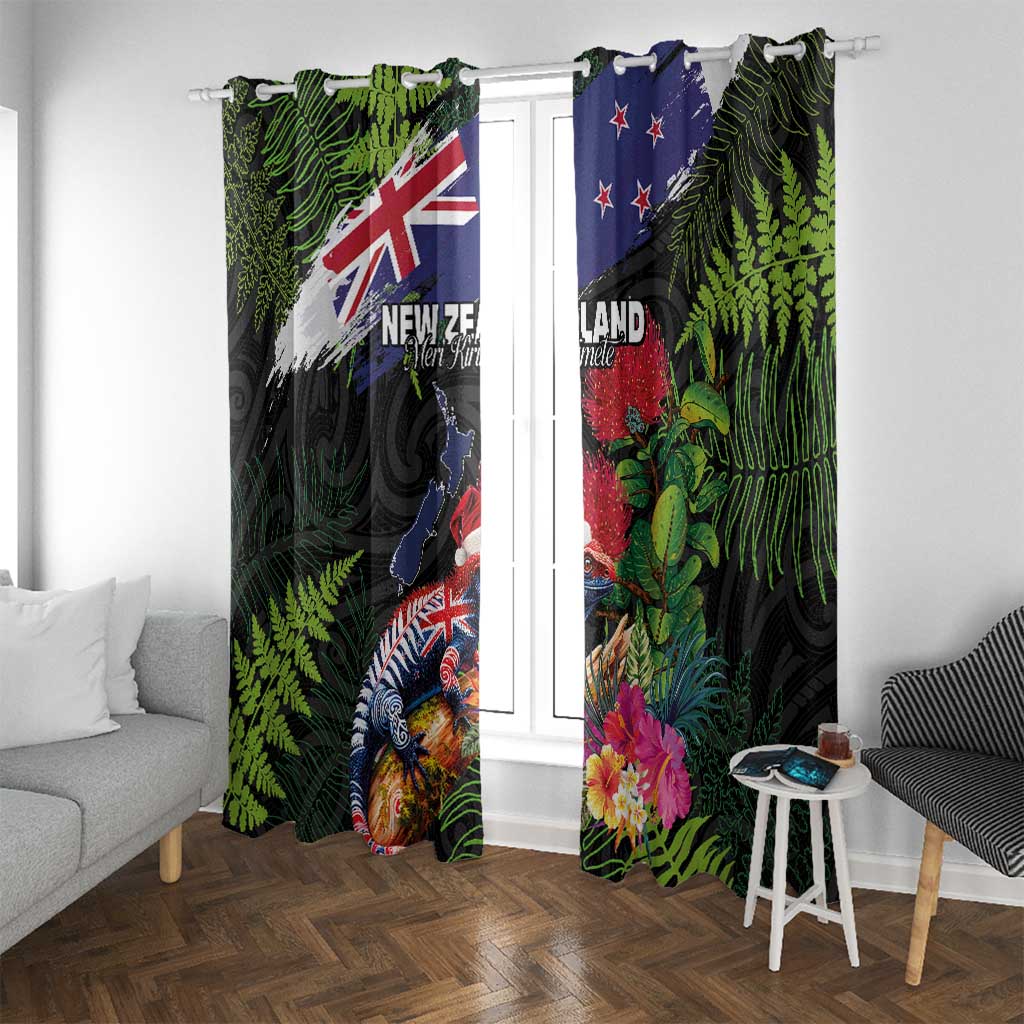 New Zealand Christmas Window Curtain Meri Kirihimete-Tuatara and Pohutukawa Black Color