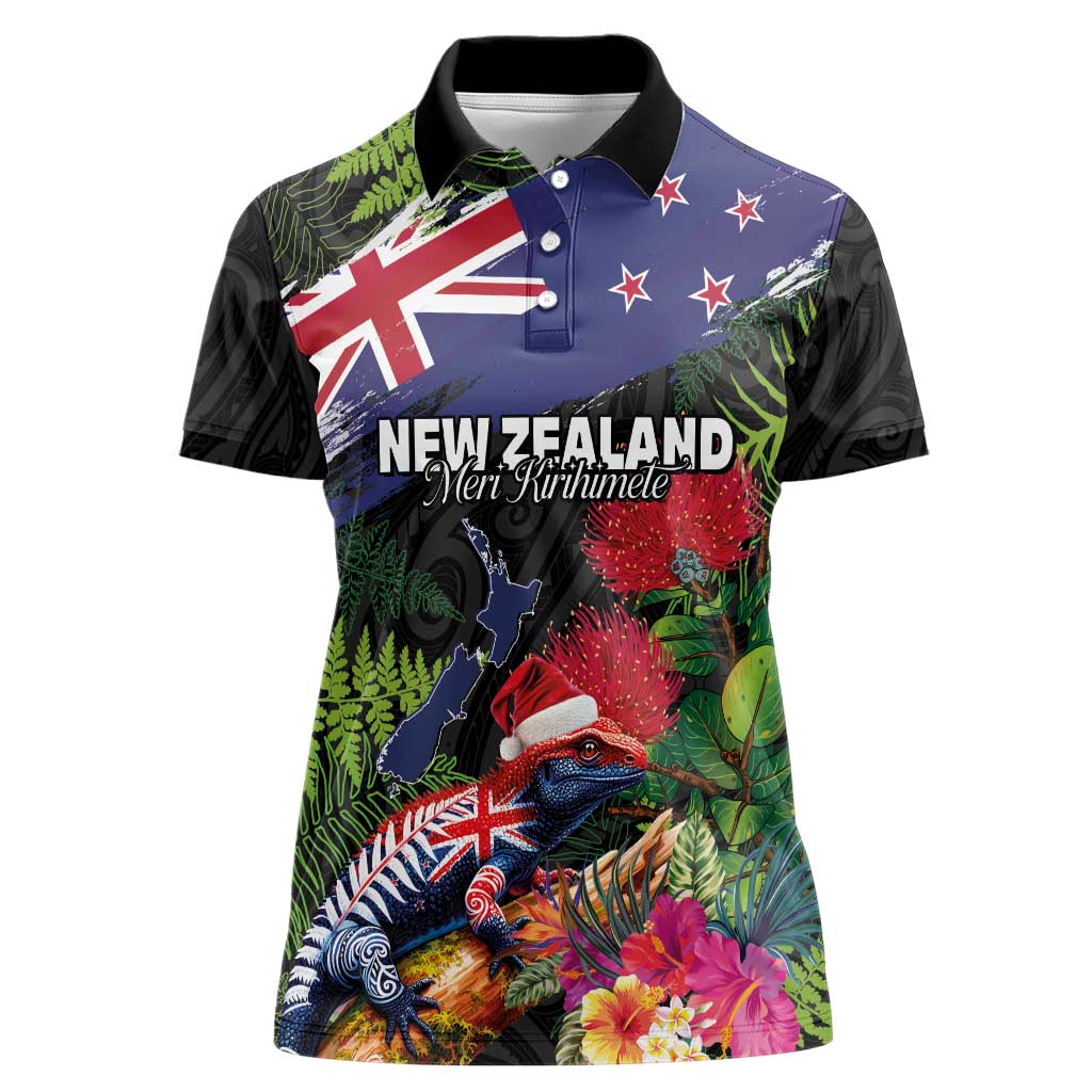 New Zealand Christmas Women Polo Shirt Meri Kirihimete-Tuatara and Pohutukawa Black Color