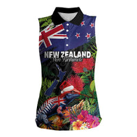New Zealand Christmas Women Sleeveless Polo Shirt Meri Kirihimete-Tuatara and Pohutukawa Black Color