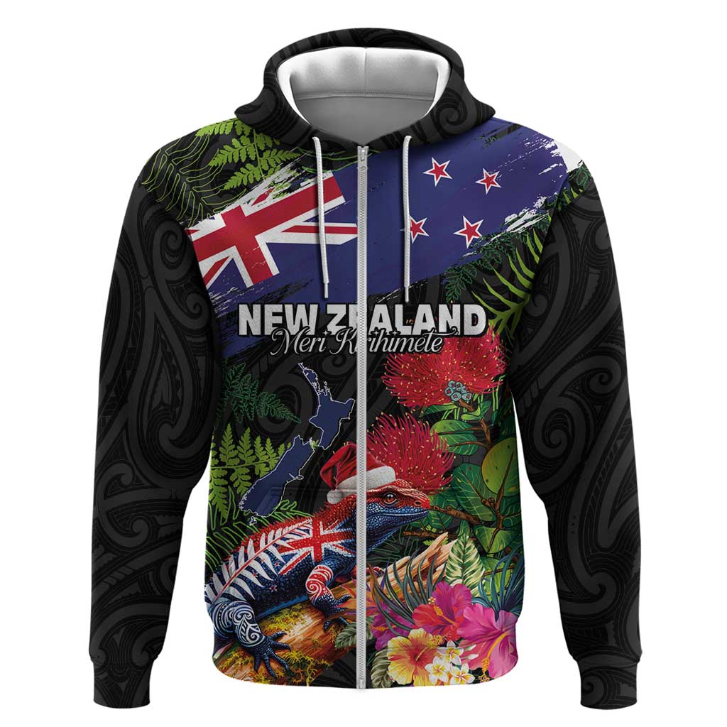 New Zealand Christmas Zip Hoodie Meri Kirihimete-Tuatara and Pohutukawa Black Color