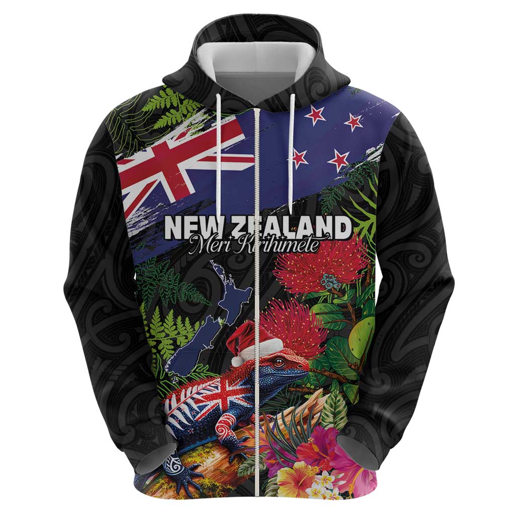 New Zealand Christmas Zip Hoodie Meri Kirihimete-Tuatara and Pohutukawa Black Color