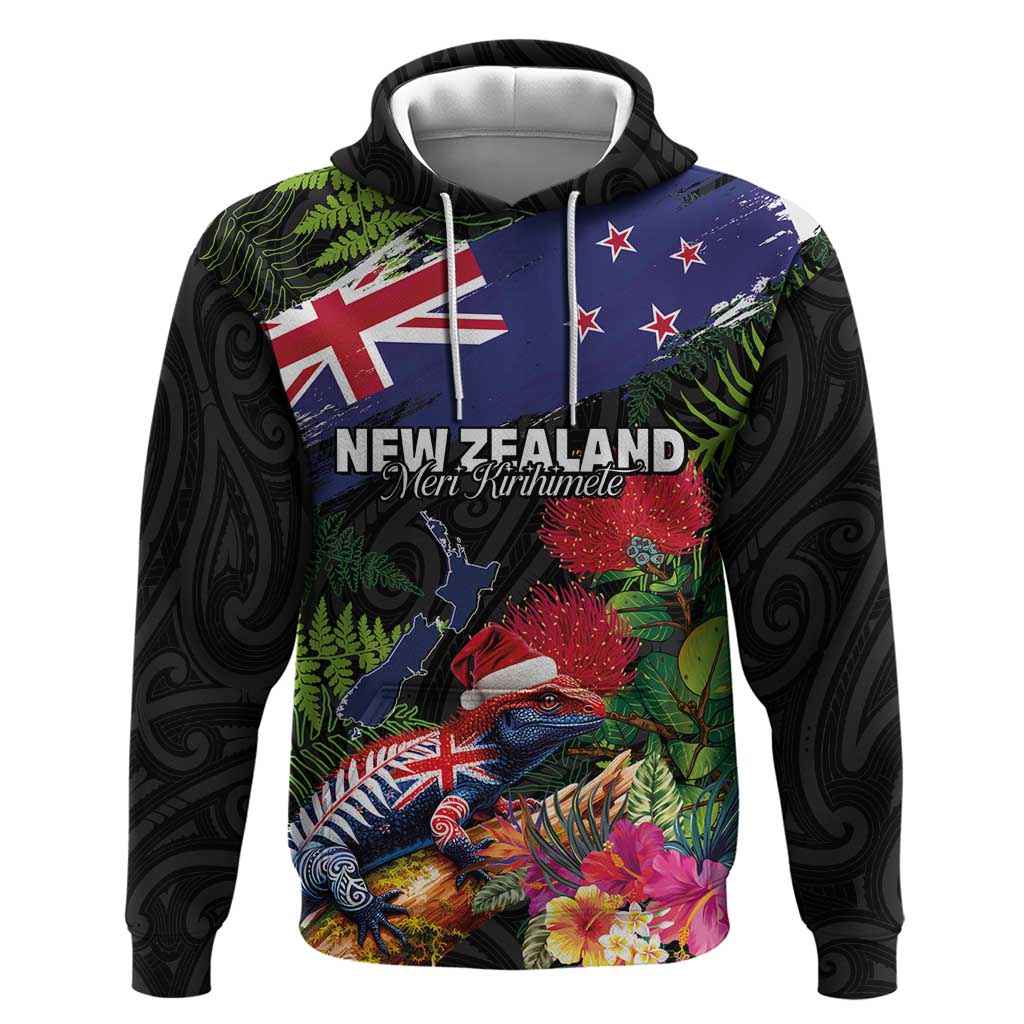New Zealand Christmas Zip Hoodie Meri Kirihimete-Tuatara and Pohutukawa Black Color