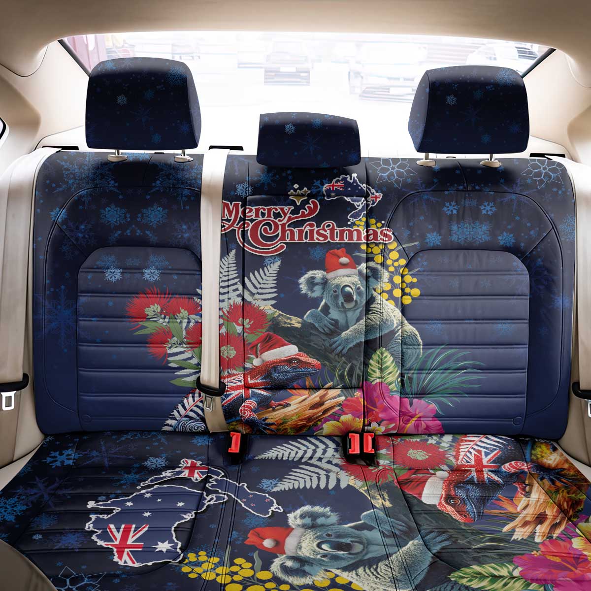 Australia and New Zealand Back Car Seat Cover Merry Christmas-Tuatara and Koala with Plants Xmas Style