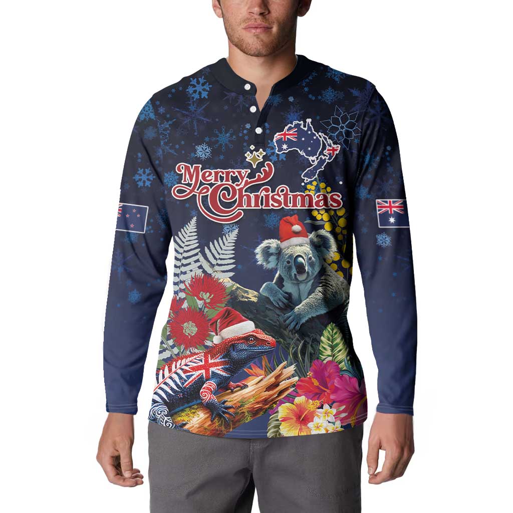 Australia and New Zealand Button Sweatshirt Merry Christmas-Tuatara and Koala with Plants Xmas Style LT03 - Polynesian Pride