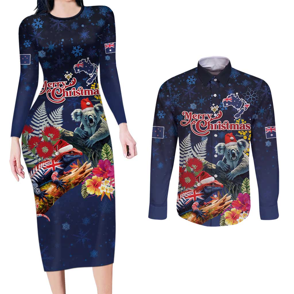 Australia and New Zealand Couples Matching Long Sleeve Bodycon Dress and Long Sleeve Button Shirt Merry Christmas-Tuatara and Koala with Plants Xmas Style LT03 Navy - Polynesian Pride