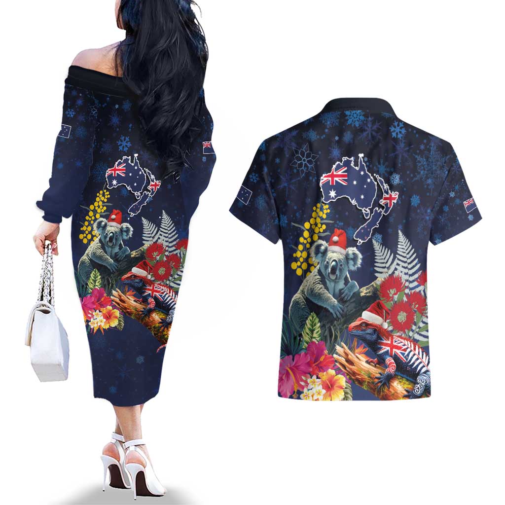 Australia and New Zealand Couples Matching Off The Shoulder Long Sleeve Dress and Hawaiian Shirt Merry Christmas-Tuatara and Koala with Plants Xmas Style