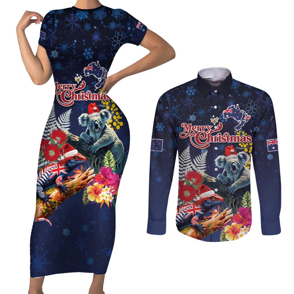 Australia and New Zealand Couples Matching Short Sleeve Bodycon Dress and Long Sleeve Button Shirt Merry Christmas-Tuatara and Koala with Plants Xmas Style LT03 Navy - Polynesian Pride