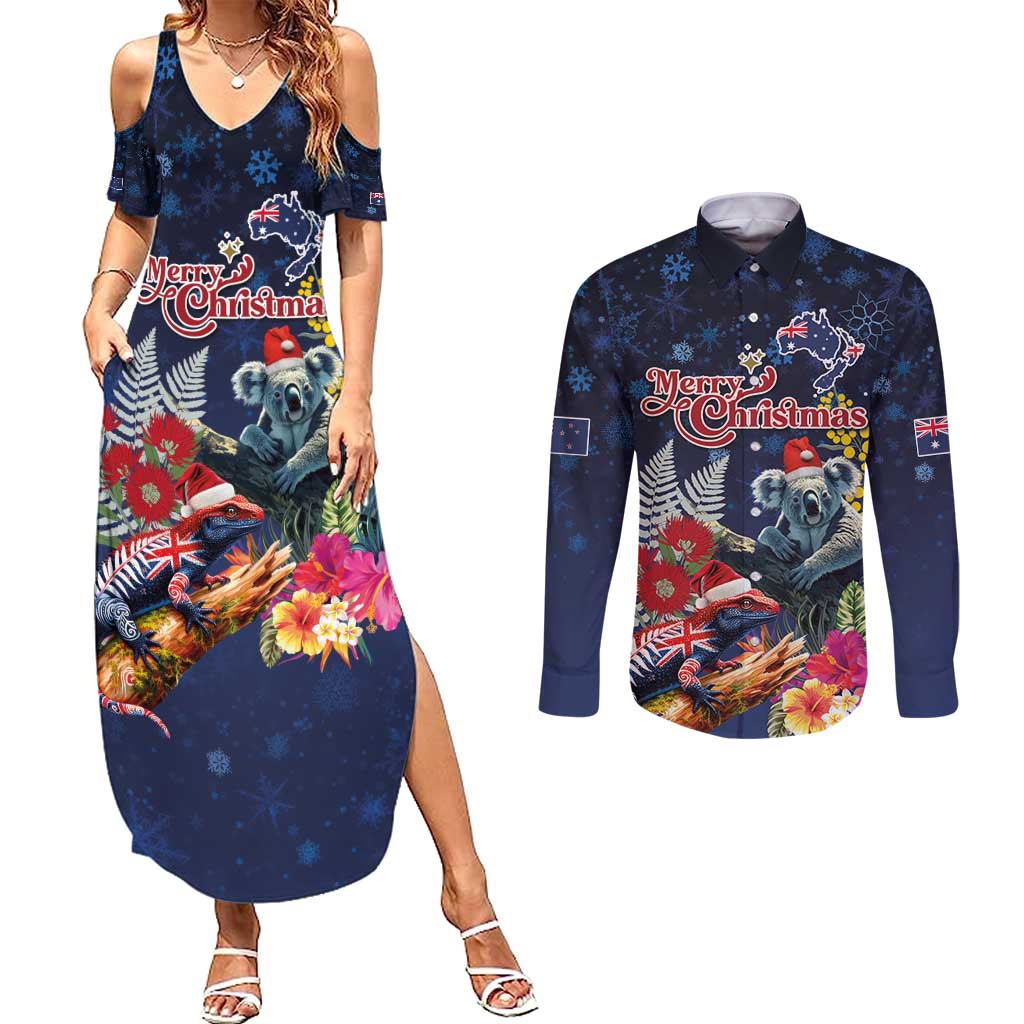 Australia and New Zealand Couples Matching Summer Maxi Dress and Long Sleeve Button Shirt Merry Christmas-Tuatara and Koala with Plants Xmas Style LT03 Navy - Polynesian Pride