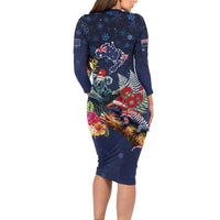 Australia and New Zealand Family Matching Long Sleeve Bodycon Dress and Hawaiian Shirt Merry Christmas-Tuatara and Koala with Plants Xmas Style