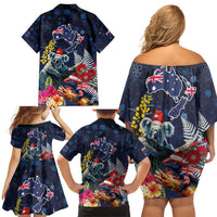 Australia and New Zealand Family Matching Off Shoulder Short Dress and Hawaiian Shirt Merry Christmas-Tuatara and Koala with Plants Xmas Style