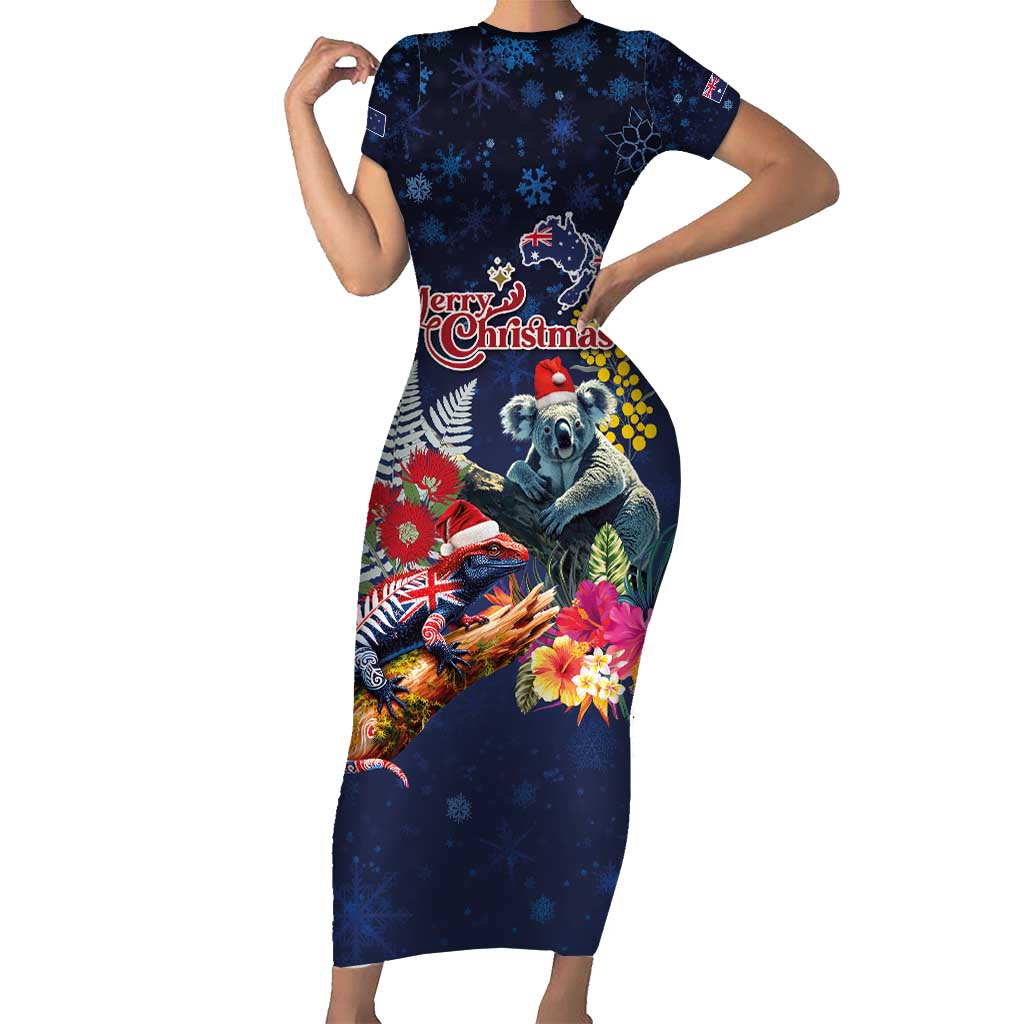 Australia and New Zealand Family Matching Short Sleeve Bodycon Dress and Hawaiian Shirt Merry Christmas-Tuatara and Koala with Plants Xmas Style