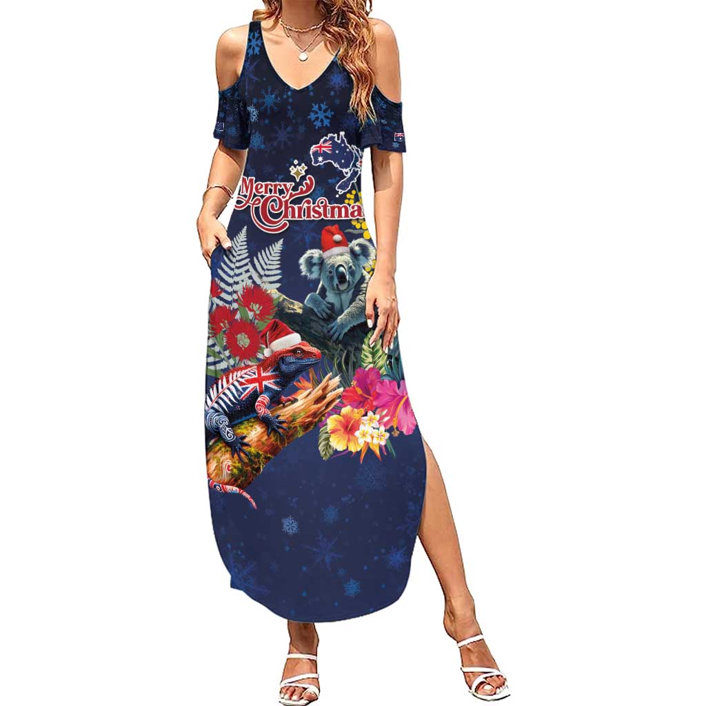 Australia and New Zealand Family Matching Summer Maxi Dress and Hawaiian Shirt Merry Christmas-Tuatara and Koala with Plants Xmas Style