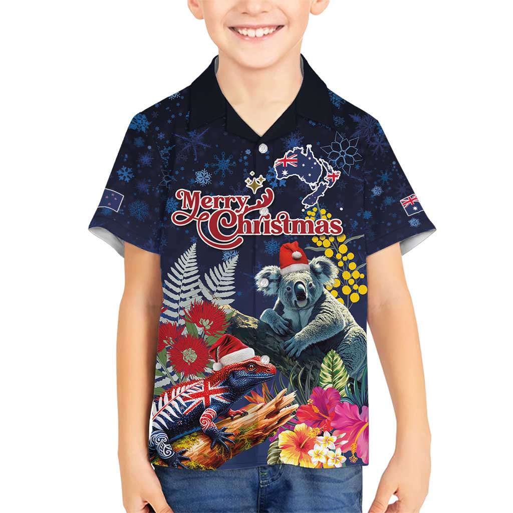 Australia and New Zealand Family Matching Summer Maxi Dress and Hawaiian Shirt Merry Christmas-Tuatara and Koala with Plants Xmas Style