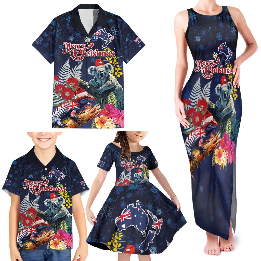 Australia and New Zealand Family Matching Tank Maxi Dress and Hawaiian Shirt Merry Christmas-Tuatara and Koala with Plants Xmas Style LT03 - Polynesian Pride