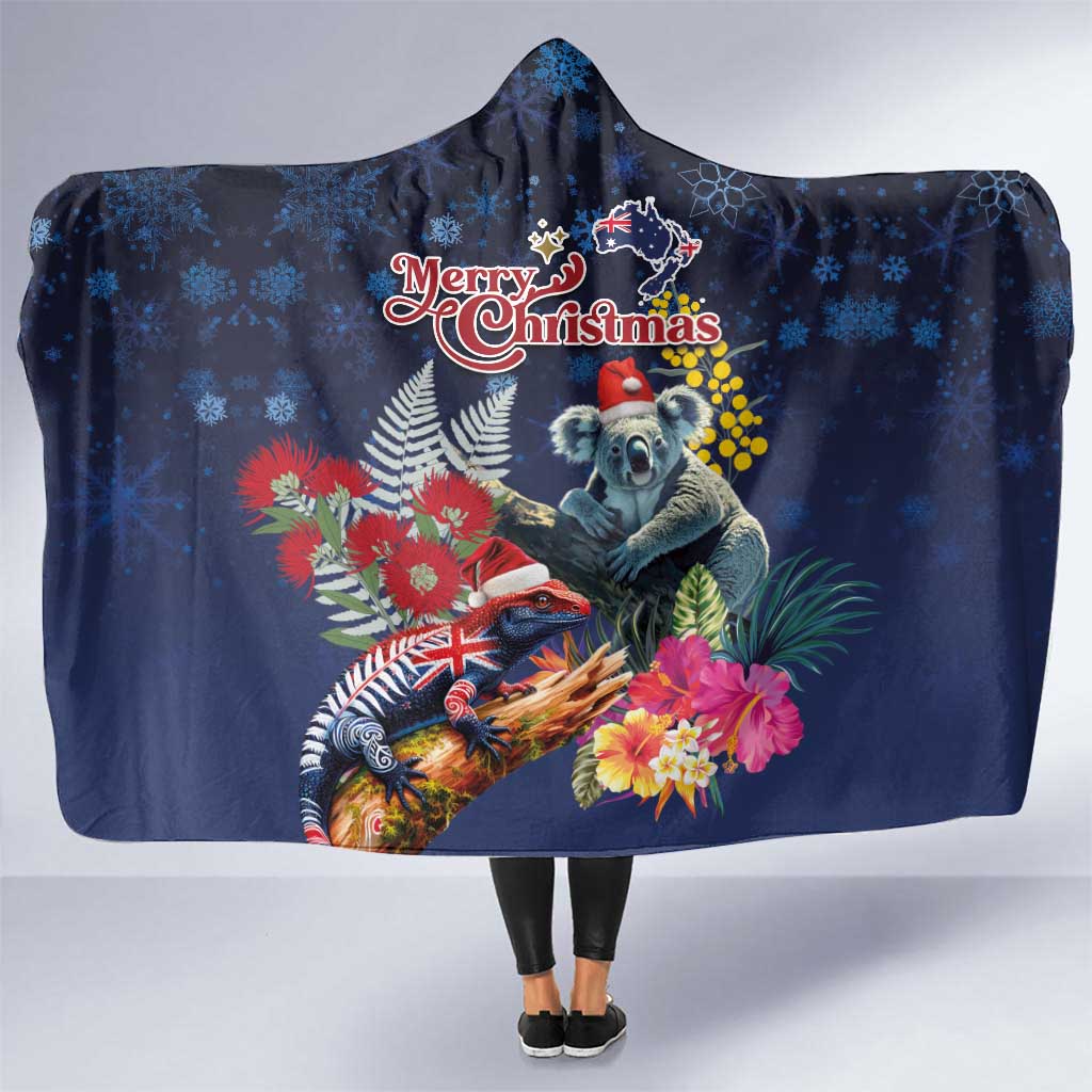 Australia and New Zealand Hooded Blanket Merry Christmas-Tuatara and Koala with Plants Xmas Style