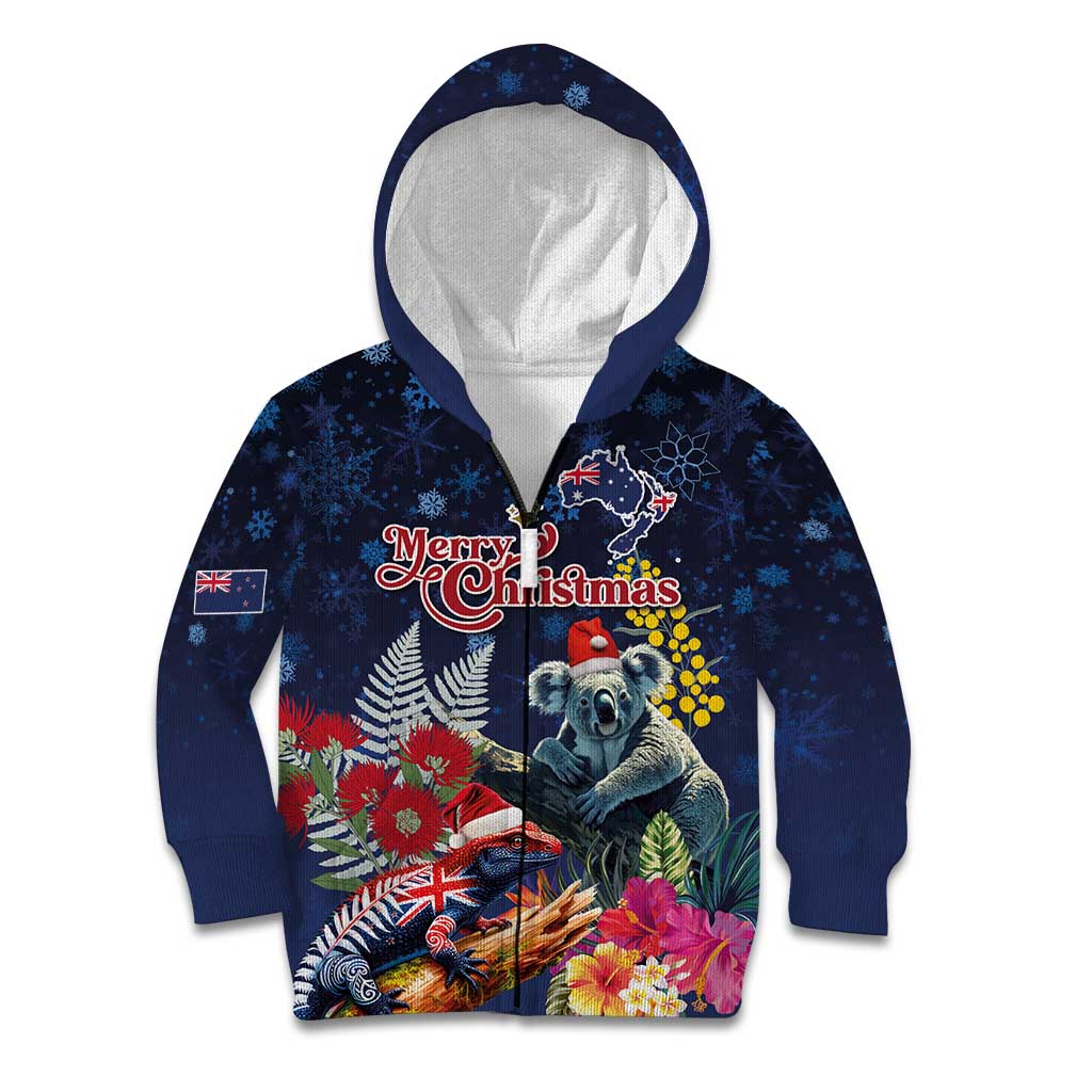 Australia and New Zealand Kid Hoodie Merry Christmas-Tuatara and Koala with Plants Xmas Style