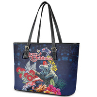 Australia and New Zealand Leather Tote Bag Merry Christmas-Tuatara and Koala with Plants Xmas Style