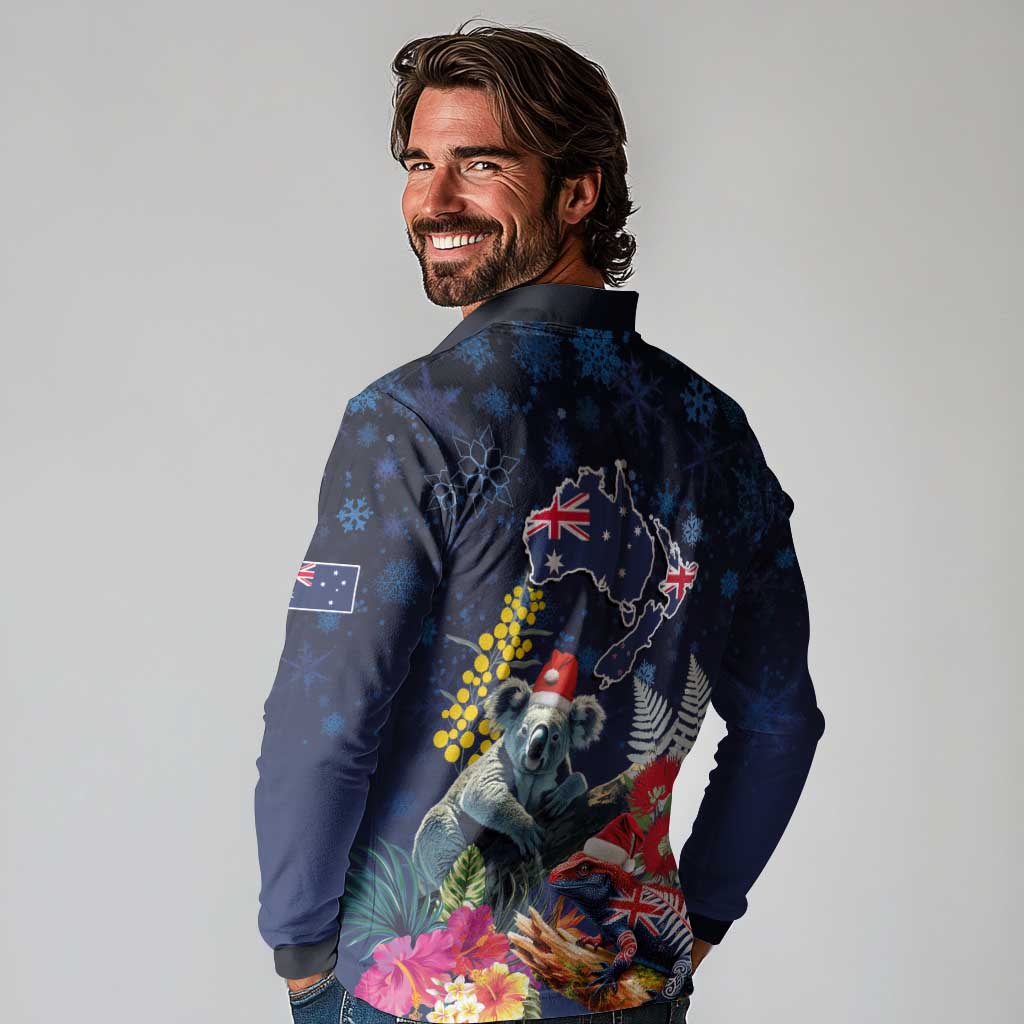Australia and New Zealand Long Sleeve Polo Shirt Merry Christmas-Tuatara and Koala with Plants Xmas Style