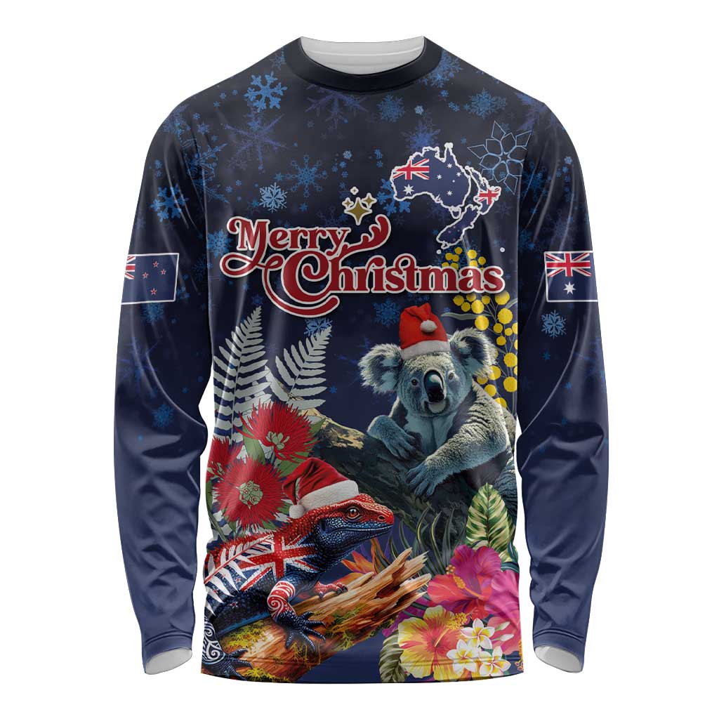 Australia and New Zealand Long Sleeve Shirt Merry Christmas-Tuatara and Koala with Plants Xmas Style LT03 Unisex Navy - Polynesian Pride