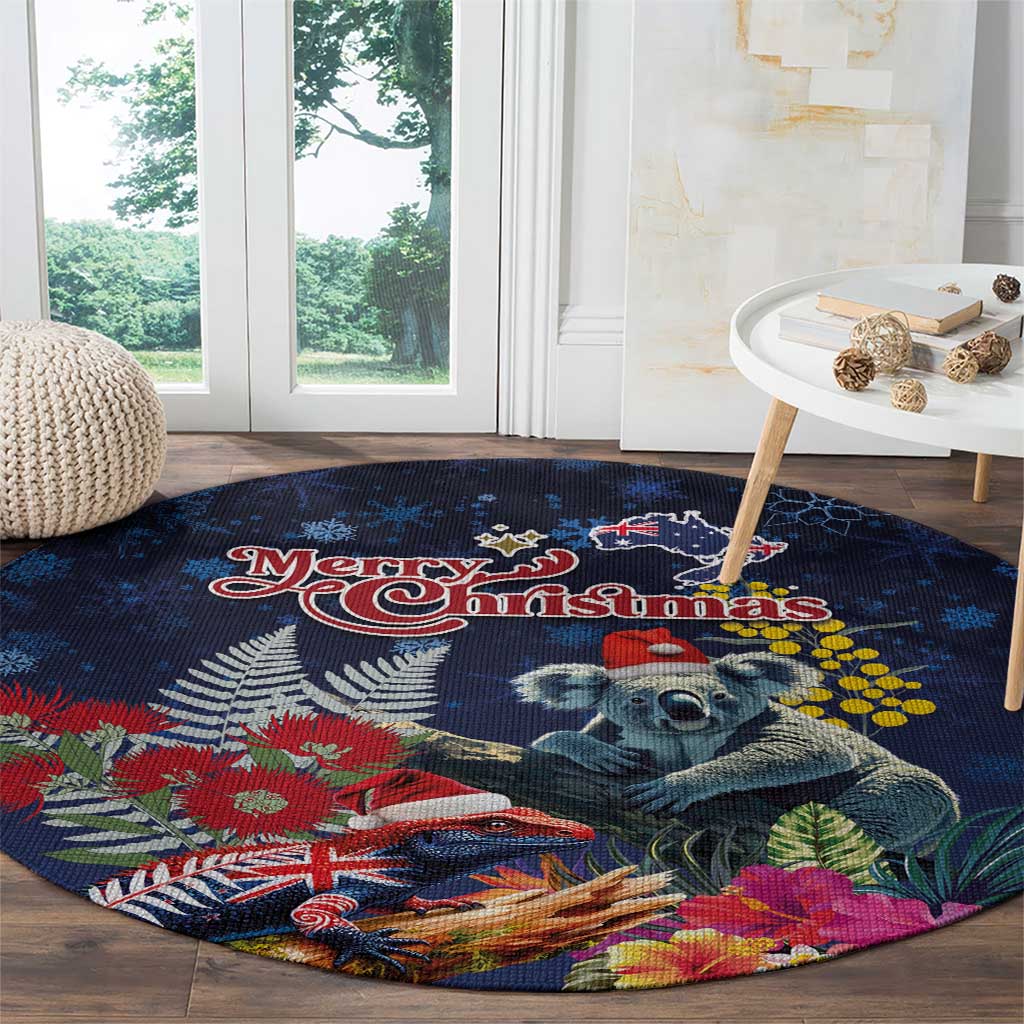 Australia and New Zealand Round Carpet Merry Christmas-Tuatara and Koala with Plants Xmas Style