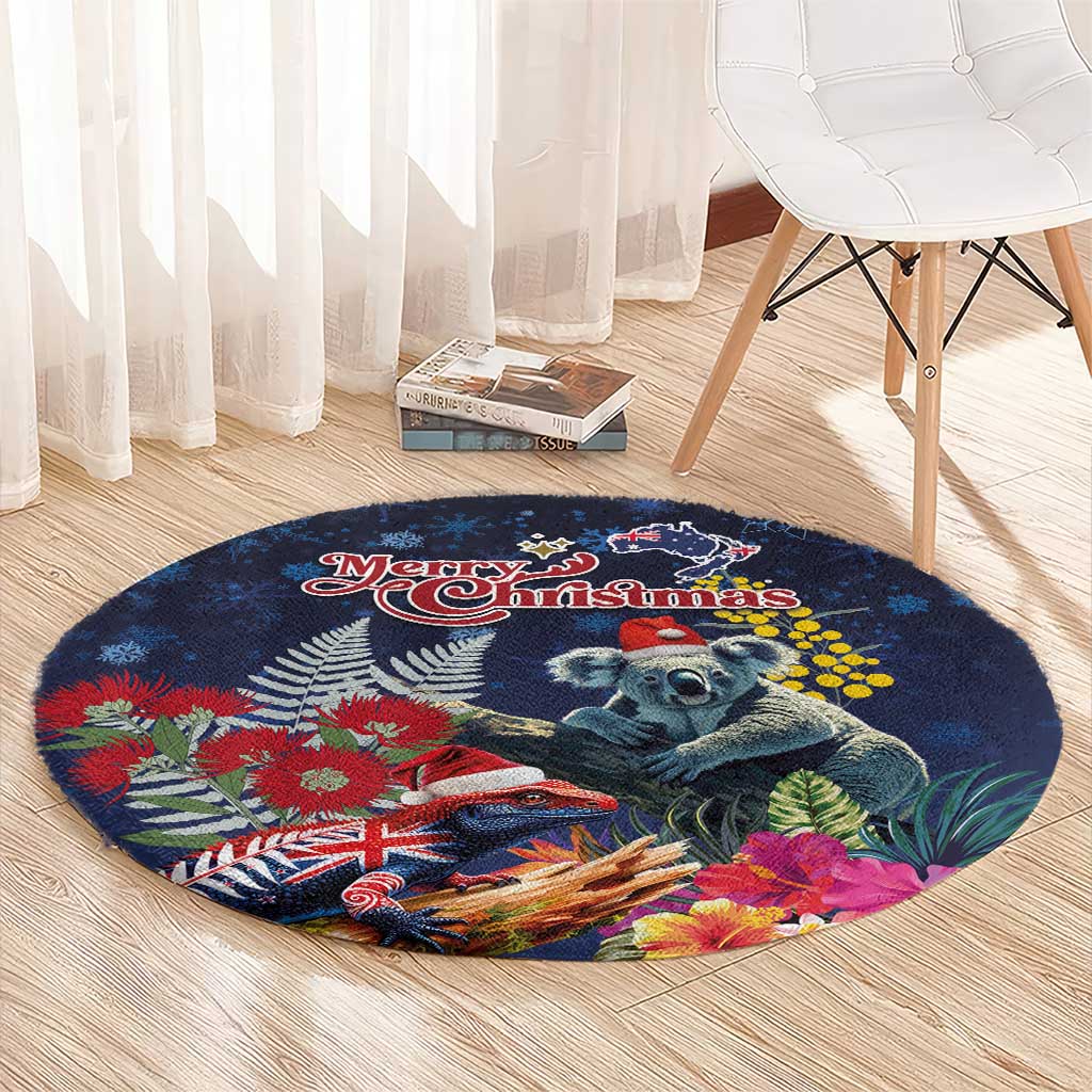 Australia and New Zealand Round Carpet Merry Christmas-Tuatara and Koala with Plants Xmas Style