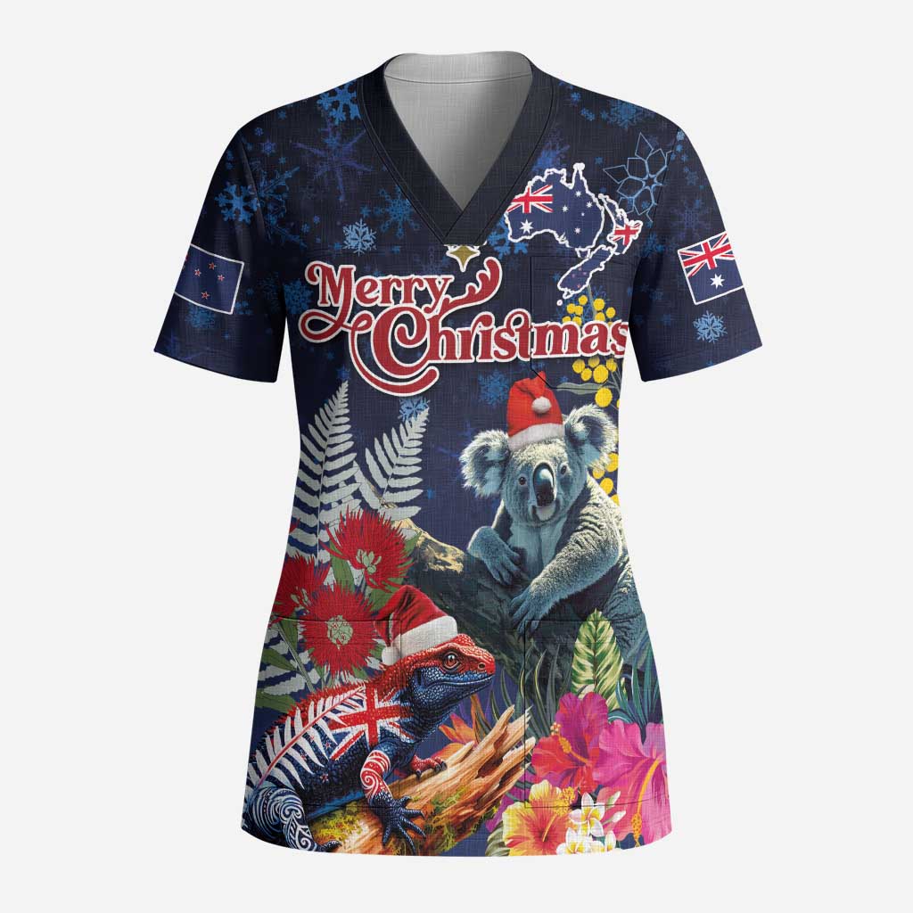 Australia and New Zealand Scrub Top Merry Christmas-Tuatara and Koala with Plants Xmas Style - Polynesian Pride